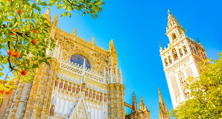 Naklejka premium Katedra w Sewilli i wieża Giralda, Hiszpania