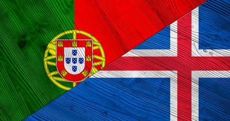 Flag of Portugal and Iceland on wooden boards