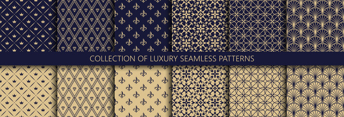 Set of vector seamless luxury patterns. Collection of ornamental patterns in navy blue and gold colors. - 319526226