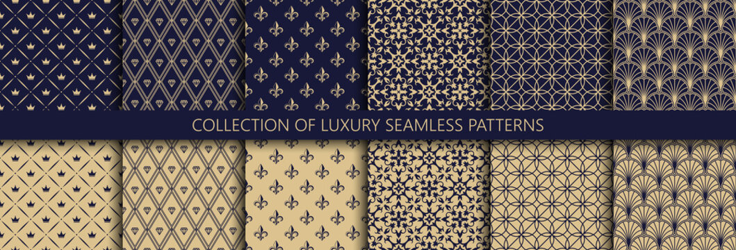 Set of vector seamless luxury patterns. Collection of ornamental patterns in navy blue and gold colors.