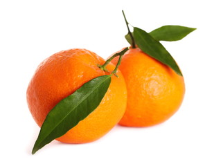 Tangerine with green leaf isolated on white background