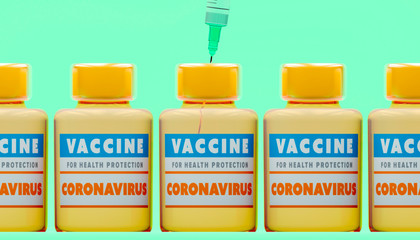 Coronavirus vaccine, protection campaign, health. Diseases and cures. 3d render. Syringe and solution in bottle. Immunity against diseases.