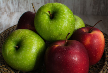 Red and green apples set. Fresh fruit. Still life of fruits. Closeup and depth of field