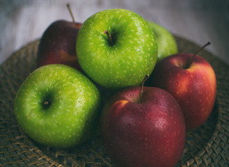 Red and green apples set. Fresh fruit. Still life of fruits. Closeup and depth of field