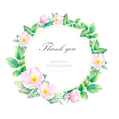 Watercolor sketch circle shape border of wild rose flowers and leaves isolated on white background. Wreath for card, invitation, wedding stationary.