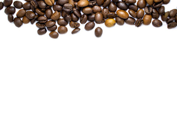 Coffee beans background, roasted coffee beans on a white background, space for text.