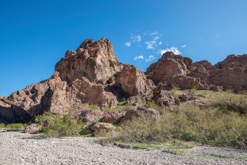 USA, Arizona, Mohave County, Lake Mead National Monument. Volcanic Rocks along the hiking trail to...