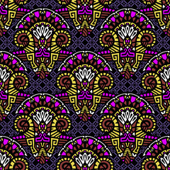 Geometric, hand drawn seamless pattern in ethnic style. Tribal, folk traditional motifs. Aztec, Peruvian, Mayan, Mexican, Native American.