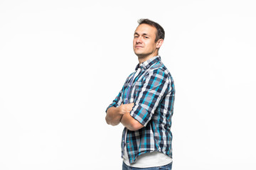 Portrait of man with arms folded standing isolated on a white background