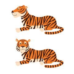 Adult big red tiger lies on ground wildlife and fauna theme cartoon animal design flat vector illustration