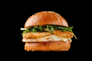 21 burger on a black background for the menu. Black and white burgers with meat, chicken cutlet, salad, egg.