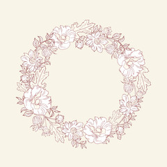 Flower wreath, round frame. Elegant border, hand drawing, sketch. Monochrome flowers, roses, chrysanthemums. For Spring,summer holidays,textiles,packaging,fabric,Greeting Cards