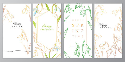 Floral vector card with golden snowdrops, happy spring card.