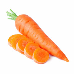 carrots with green cut tops whole and sliced into round pieces isolated on white background