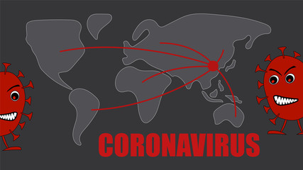 Map of the spread of the global coronavirus from China. Lines on the map coming from China around the world. Two evil red viruses on the sides. Horizontal vector HD.