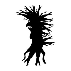 The silhouette of a strange creature is like a Baba Yaga with tree branches. There are many sharp small teeth and the tongue is visible. Isolated vector on a white background.