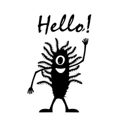 Silhouette of a funny one-eyed creature with a hand raised in greeting. The body is covered with long villi. Lettering Hello! Isolated vector on a white background.