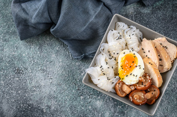 Bowl of Asian food with konnyaku