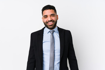Young latin business woman against a white background isolated happy, smiling and cheerful.
