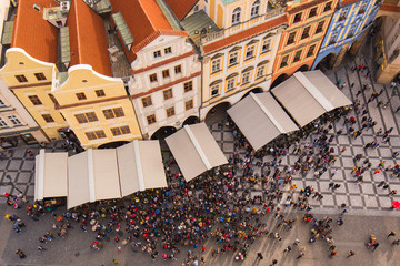 Crowd of Tourists in the Old Town Square of Prague, View From Above