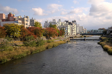Fototapeta na wymiar View of the river and bridge in Kanazawa, Japan, November 2019