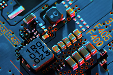 Electronic circuit board close up.