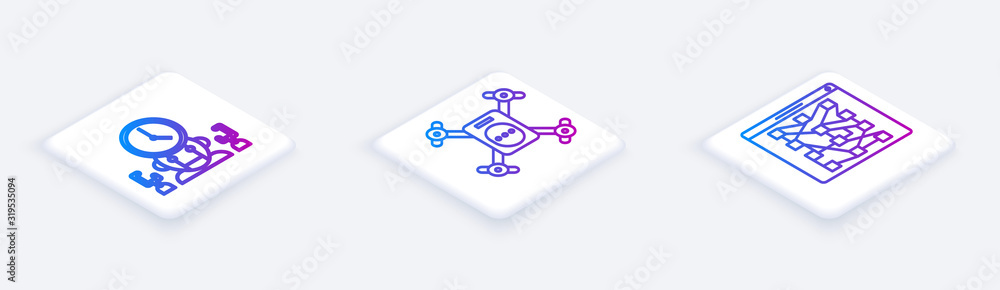 Poster set isometric line robot and digital time manager, drone flying with action camera and global techno