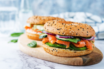 Smoked salmon ricotta cheese cucumber bagel
