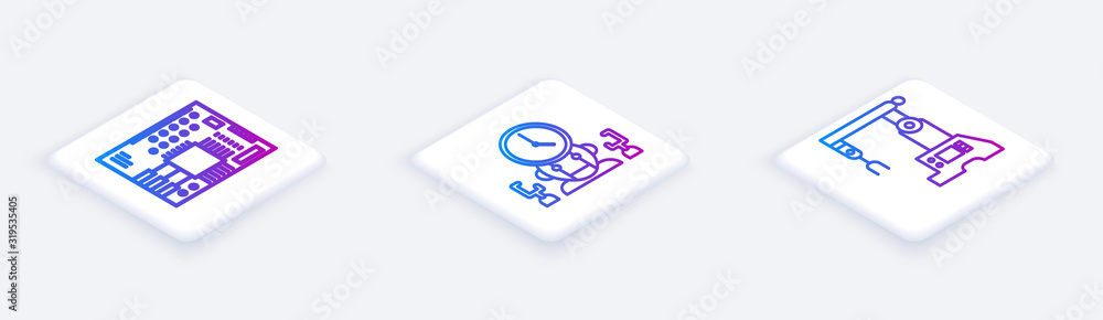 Poster Set Isometric line Printed circuit board PCB, Robot and digital time manager and Assembly line. White square button. Vector