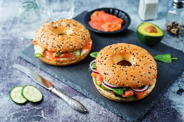 Smoked salmon ricotta cheese cucumber bagel