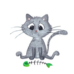 Cute grey kitten with fish skeleton. Adorable hungry small cat. Sad kitty with big eyes. Watercolor painting. Illustration