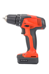Side view of cordless 12V drill driver powered by Li-ion battery with keyless chuck in red and black rubberized reinforced plastic case isolated on white background. Cut out construction tool image
