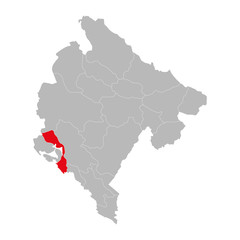Kotor province highlighted on montenegro map. Gray background.