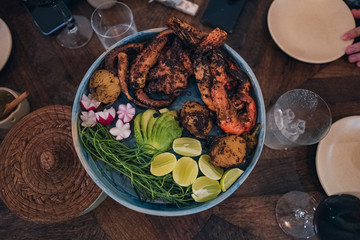 Mexican Sea Food Plate with octopus and shrimps