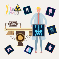 Colorful book alphabet. Book of professions. Profession X-Ray Inspector. Letter X.