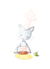 Little cook. Cute grey kitten backing. Cat rolling out dough for pastry. Kitty in pink apron and toque. Watercolor painting. Illustration
