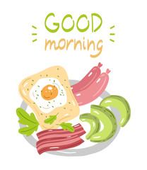 Vector illustration of tasty breakfast variant. Plate with avocado slices, toasts, sausages, slices of bacon, eggs and lettuce. Сartoon style illustration. 