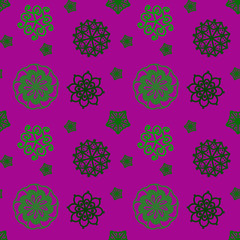 Seamless repeat pattern with flowers in green on pink  background. drawn fabric, gift wrap, wall art design, wrapping paper, background, fabric print, web page backdrop.