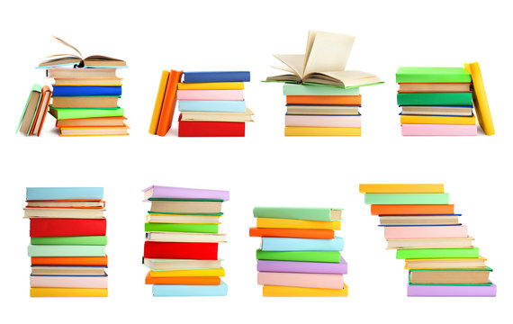 Set of different bright hardcover books on white background