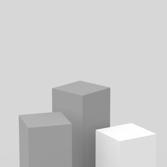 3d gray white cubes square podium minimal studio background. Abstract 3d geometric shape object illustration render. Display for cosmetic perfume fashion product.