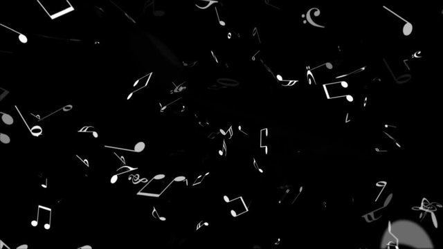 White musical notes flowing on a black background loop