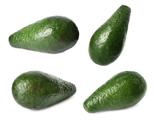 Set of delicious fresh avocados on white background