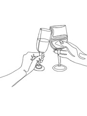 Different positions of the hands. Two hands with glasses of champagne. One line drawing. Graphics in a minimalist style. Alcoholic drinks. Celebration.