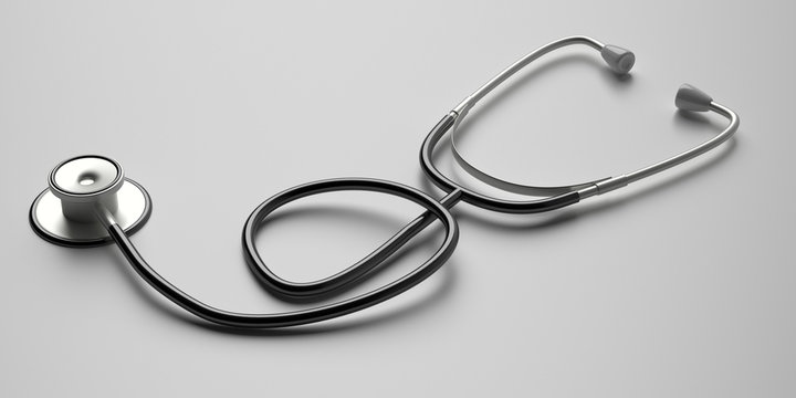 Health concept. Medical stethoscope on grey background. 3d illustration