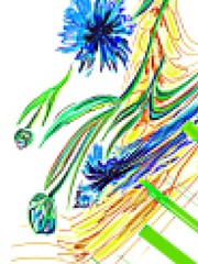 Fototapeta na wymiar Pixel art. Pixel drawing blue flowers on a white-yellow background,
