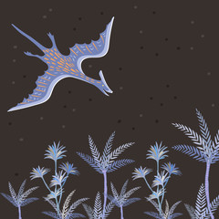 Vector image of a pterodactyl flying over palm trees on a background of the starry sky. © tinkerfrost