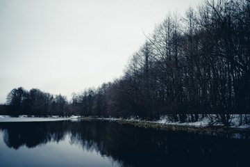 Naklejka na ściany i meble Calm pond on cold winter day. Peaceful lake water and snowy coast on cold gray day in winter countryside