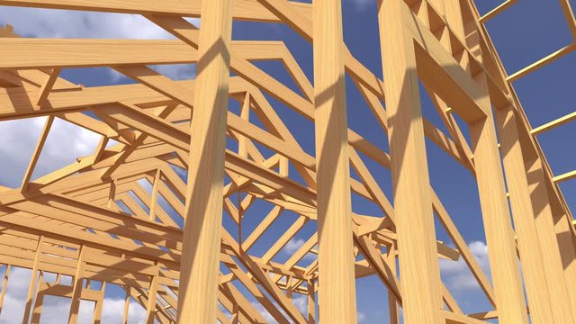 Conceptual video of a frame house under construction. Detailed 3d render of roof structures, walls and ceilings made of wooden posts and beams. Looped footage with alpha channel. 