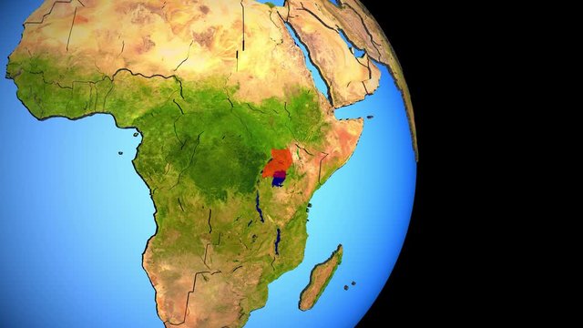 Closing in on Uganda on political 3D globe with topography. 3D illustration.