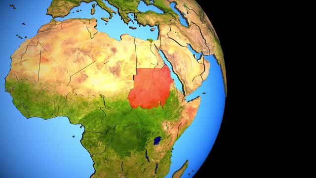 Closing in on Sudan on political 3D globe with topography. 3D illustration.